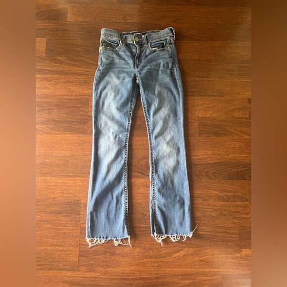 Express Stretch Barely Boot Jeans 4S Mid Rise Raw Hem Blue Denim - Picture 1 of 6